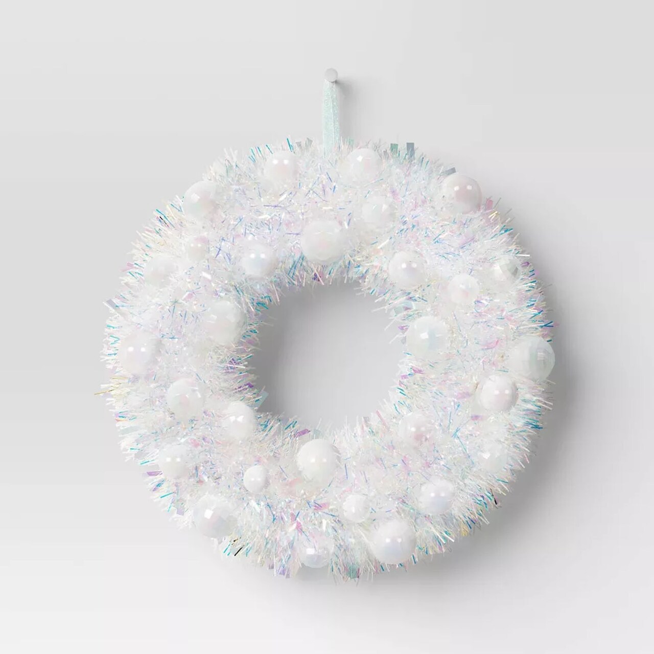 Iridescent Tinsel Christmas Wreath with Plastic Ornaments Shimmering Holiday Wall Décor